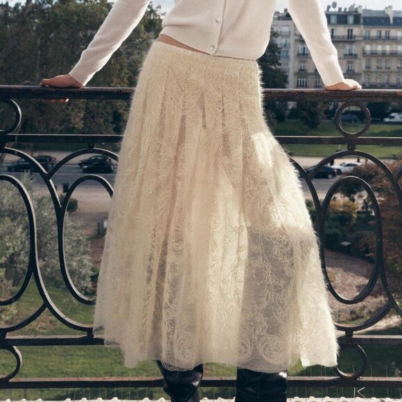 Zara Cream Sequin Embroidered Long Midi Skirt Size S NWT - Picture 3 of 10